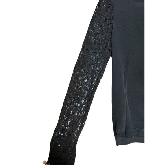 Diane Von Furstenberg 100% Silk Blouse With Lace Sleeve Black High Low Size 6 - Picture 4 of 6